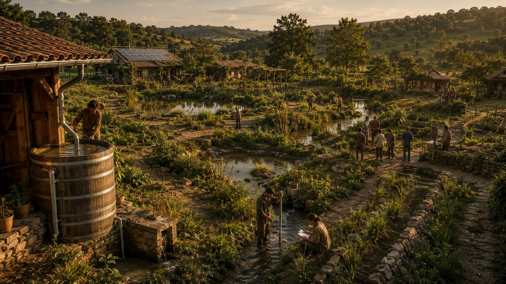 Paysage agricole avec haies et gestion de l'eau.