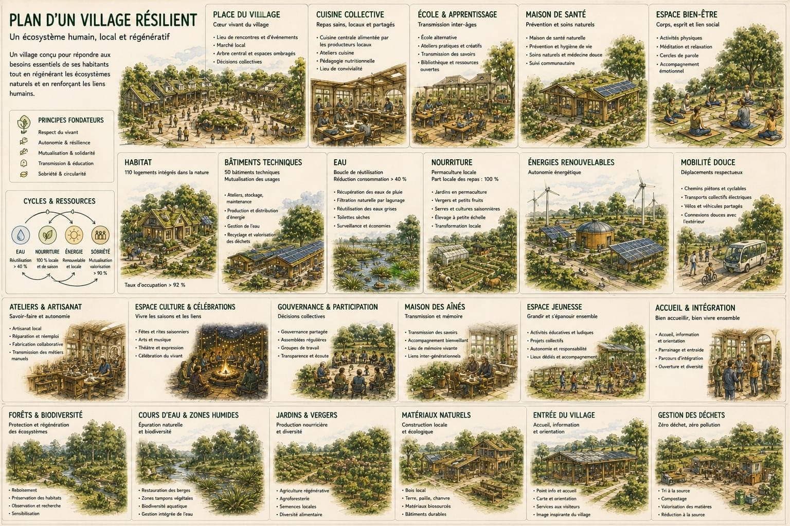 Vignettes detaillees des lieux et fonctions d'un village resilient : place, cuisine, ecole, sante, habitat, energies, mobilite, ateliers, culture, gouvernance, accueil et ecosystemes.