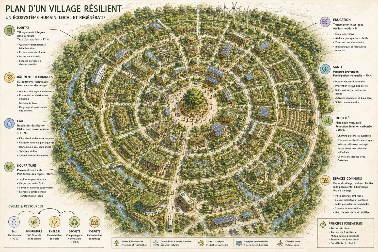 Plan d'ensemble d'un village resilient : habitat, eau, nourriture, energie, mobilite, sante, education et espaces communs.