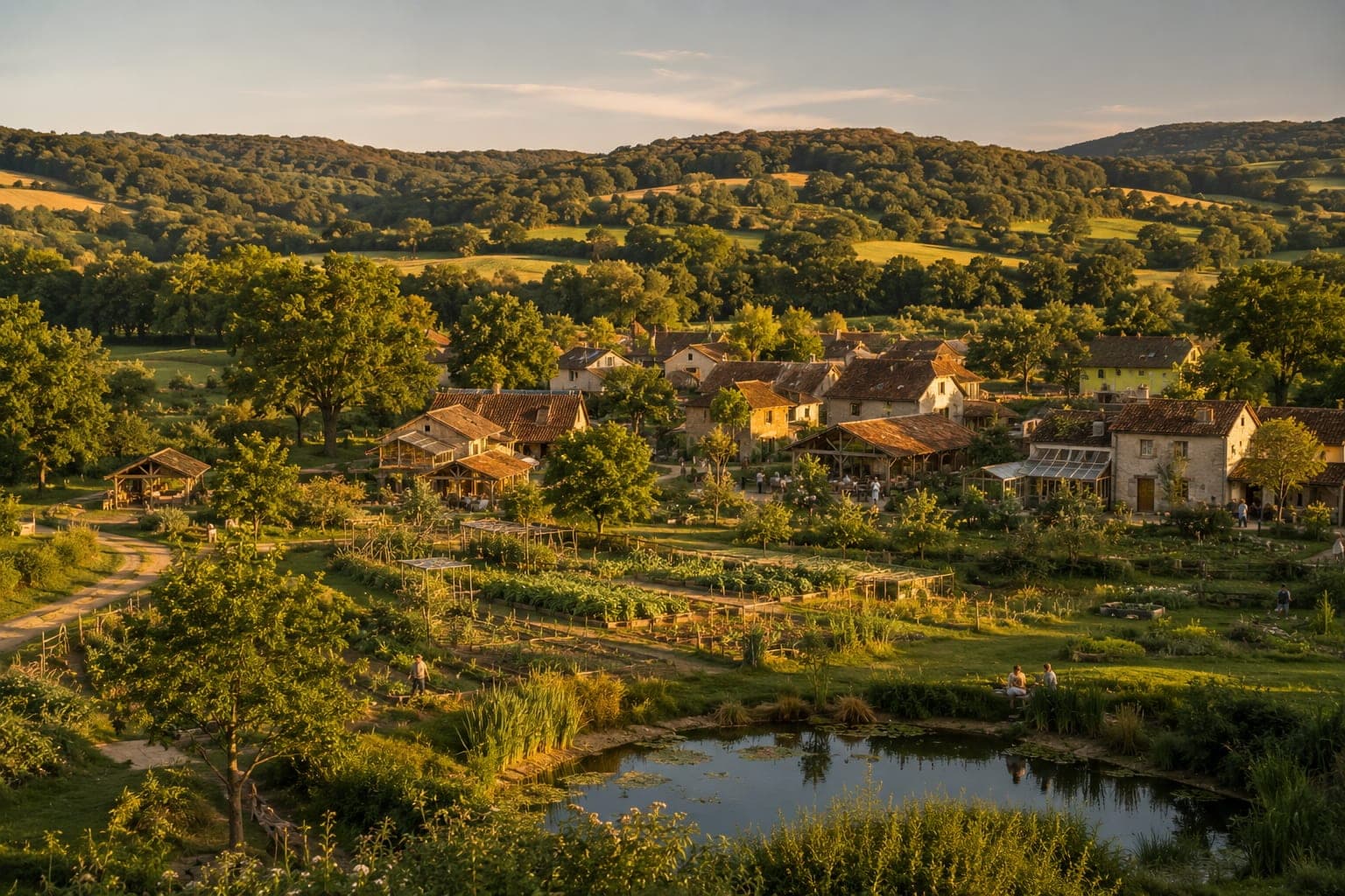 Vue d'ensemble d'un village resilient FDLV : hameau integre dans son paysage, jardins nourriciers en buttes, mare au premier plan, haies bocageres, toits en tuiles anciennes et collines boisees en lumiere de fin d'apres-midi.