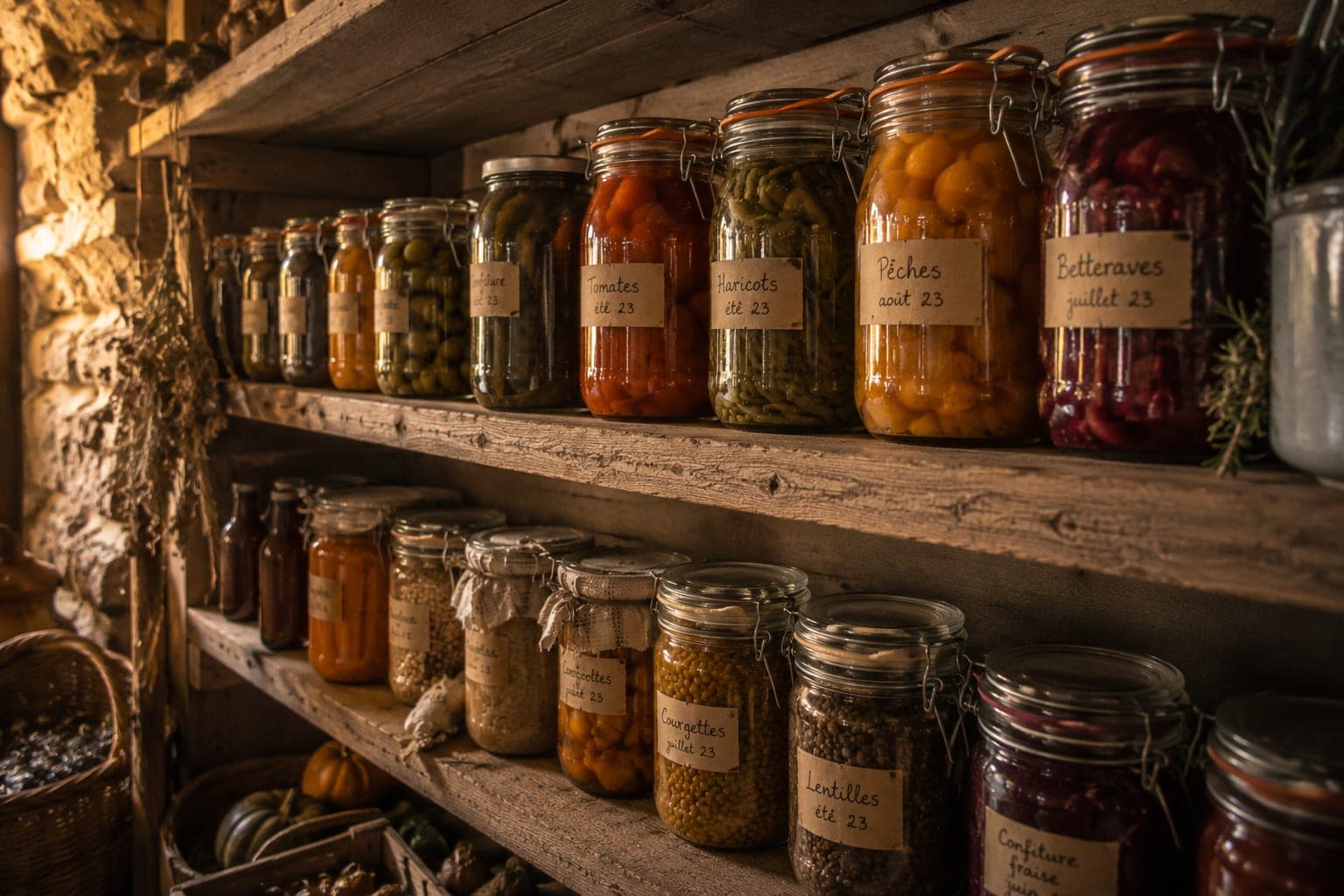 Bocaux de conserves alignes au cellier d'une Ferme FDLV : etagere en bois rustique remplie de bocaux varies (legumes lacto-fermentes, fruits, soupes), etiquettes manuscrites, lumiere douce et tamisee.