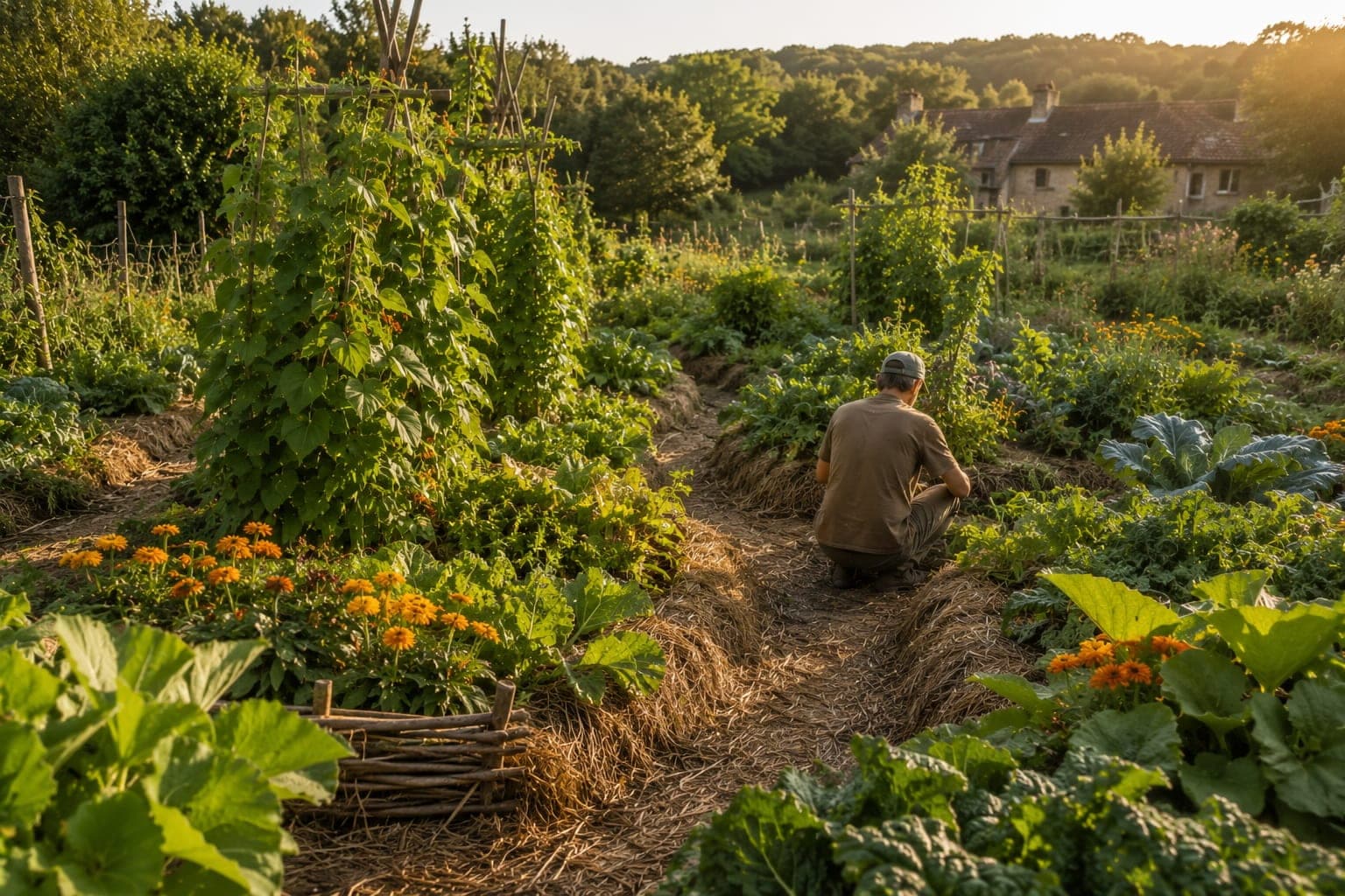 Jardin nourricier en buttes de permaculture dans une Ferme FDLV : buttes diversifiees melant legumes, fleurs comestibles et aromatiques, paillage epais, treillis avec haricots grimpants, paysan accroupi de dos en plein travail.