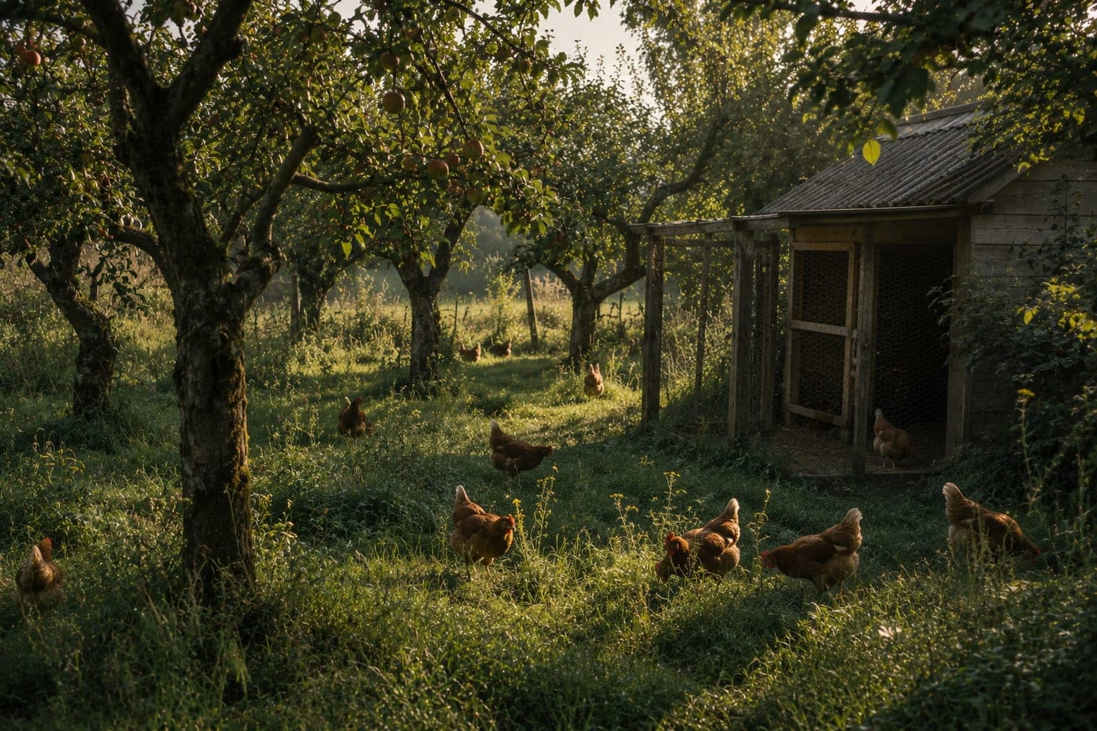 Verger ancien et poulailler en plein air dans une Ferme FDLV : pommiers en plein vent aux troncs noueux, poules rustiques en liberte entre les arbres, herbe haute, ombres tachetees du matin et lumiere doree.