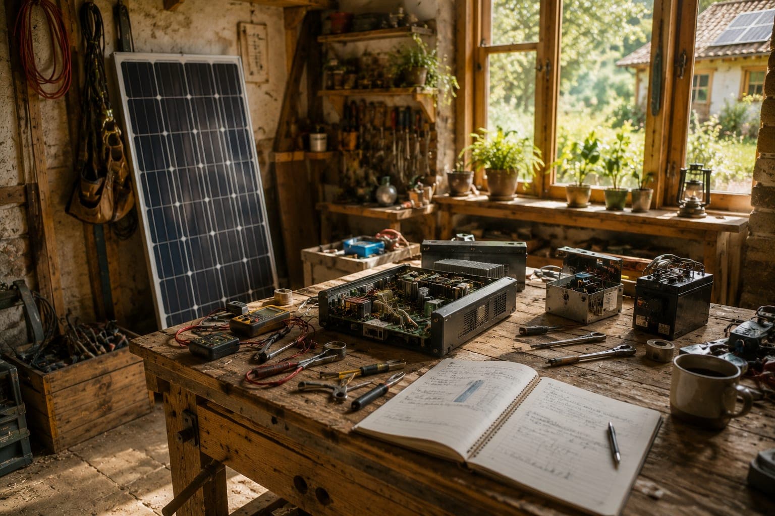 Atelier de reparation energetique FDLV : etabli en bois avec composants demontes, panneau photovoltaique leger appuye contre un mur en pierre, outils simples alignes, cahier de maintenance ouvert sous une lampe basse consommation.