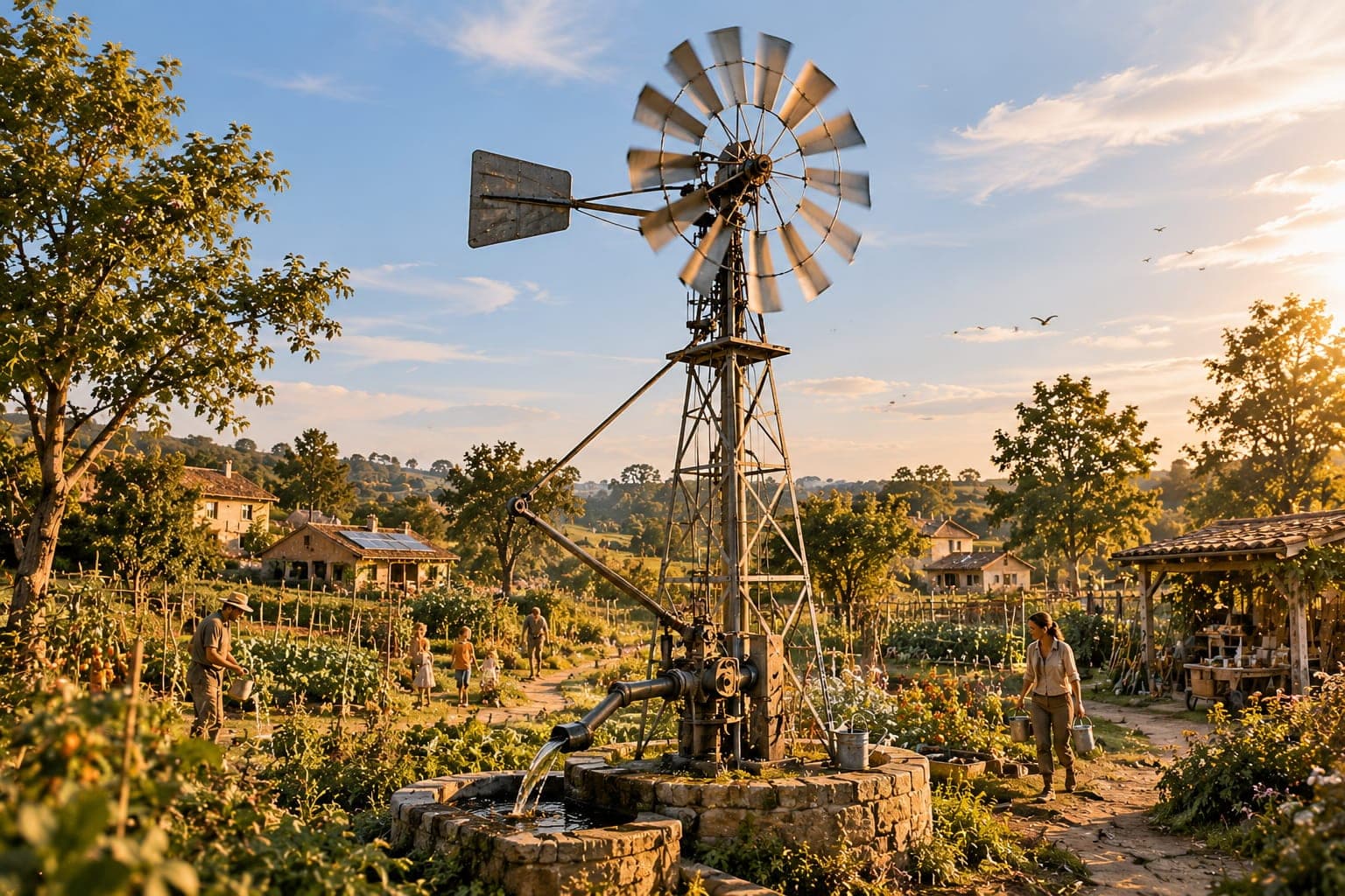 Eolienne mecanique de pompage dans un village FDLV : silhouette d'une eolienne en metal dressee au-dessus d'un puits, paysage rural de bocage, ciel pale, mouvement subtil des pales en fin de journee.