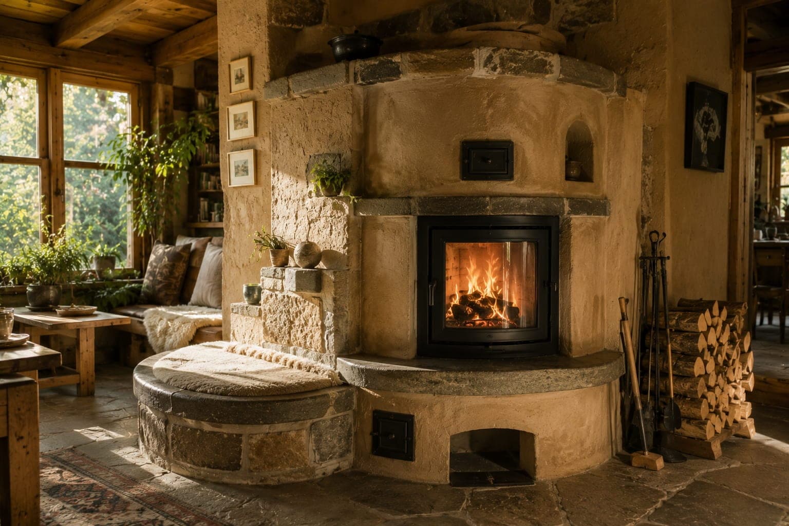 Poele de masse en pierre et terre crue dans une Ferme FDLV : grand poele macon ne dans une piece de vie chaude, banc chauffant en pierre, buches empilees a cote, flammes visibles a travers une vitre.