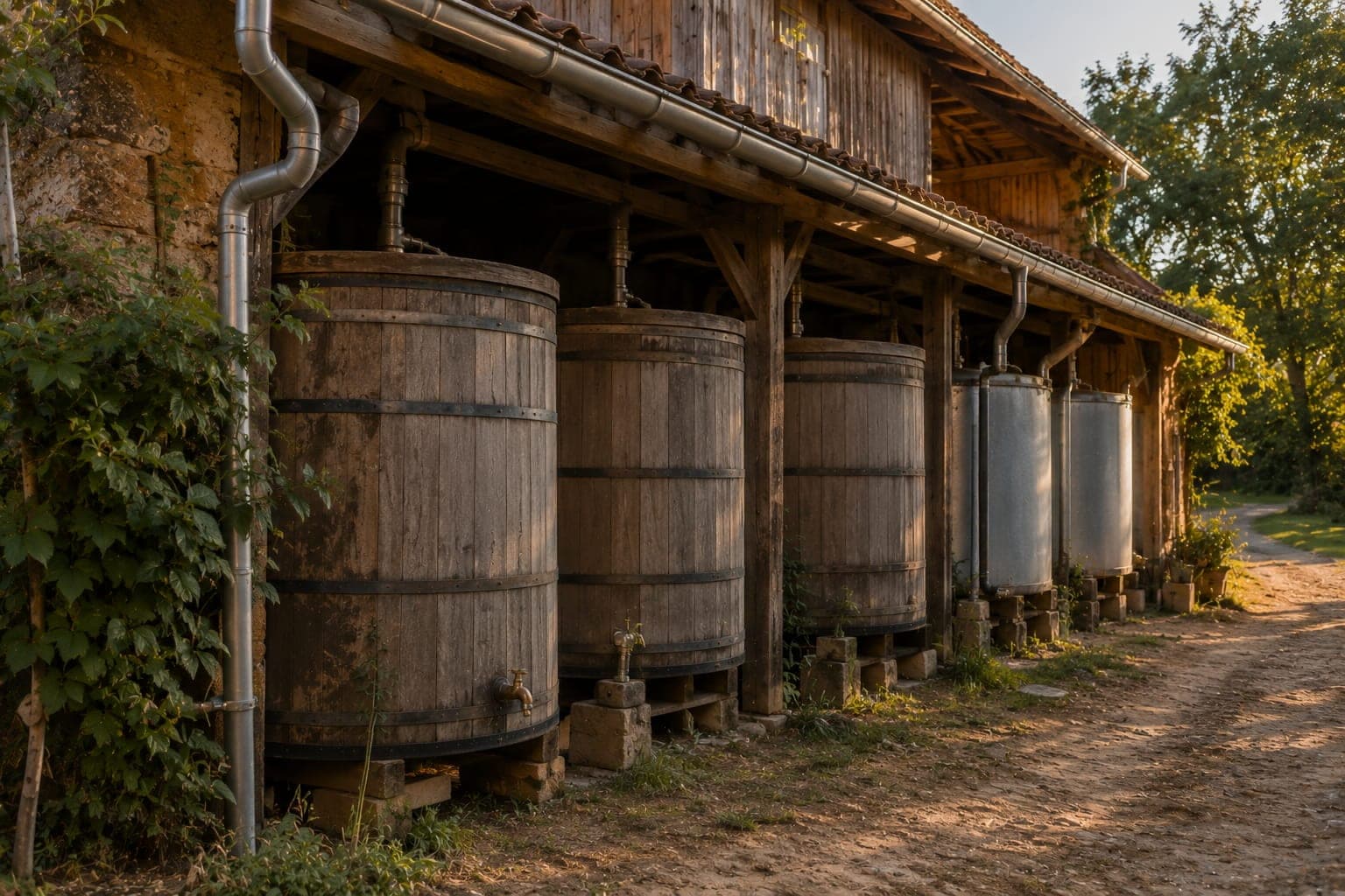 Cuves de recuperation d'eau de pluie sous une grange FDLV : alignement de grandes cuves bois et metal sous un avant-toit ancien, gouttieres en zinc, sol en terre battue, lumiere douce de fin de journee.