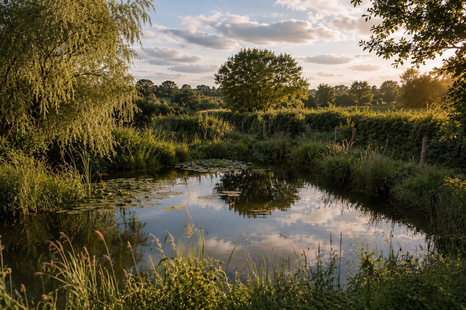 Mare et haie bocagere dans une Ferme FDLV : mare cernee de saules et de joncs au milieu d'un bocage, eau calme reflechissant le ciel, herbes hautes, libellules suggerees, lumiere douce de fin de matinee.