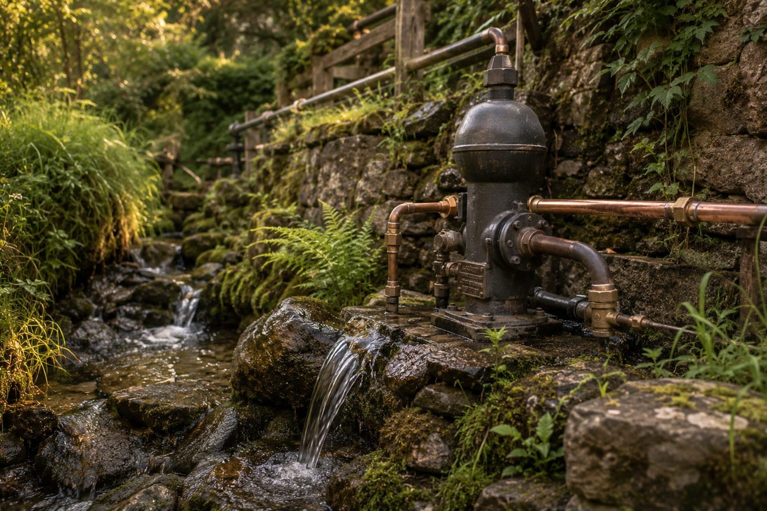 Pompe belier hydraulique installee dans une Ferme FDLV : pompe belier en fonte ancienne pres d'un ruisseau, tuyaux en cuivre, mousse sur les pierres, eau qui s'ecoule, vegetation rivulaire en arriere-plan.