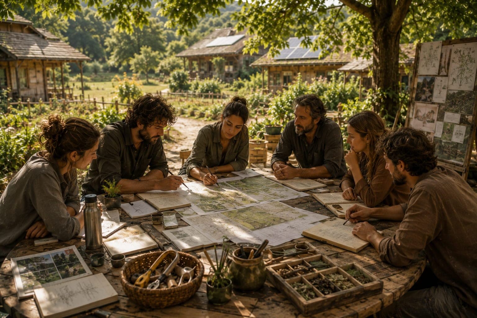 Cercle d'habitants au travail dans un village FDLV : groupe en cercle autour d'une table en bois exterieure avec plans, outils et carnets ouverts, ambiance d'atelier collectif en fin de matinee.
