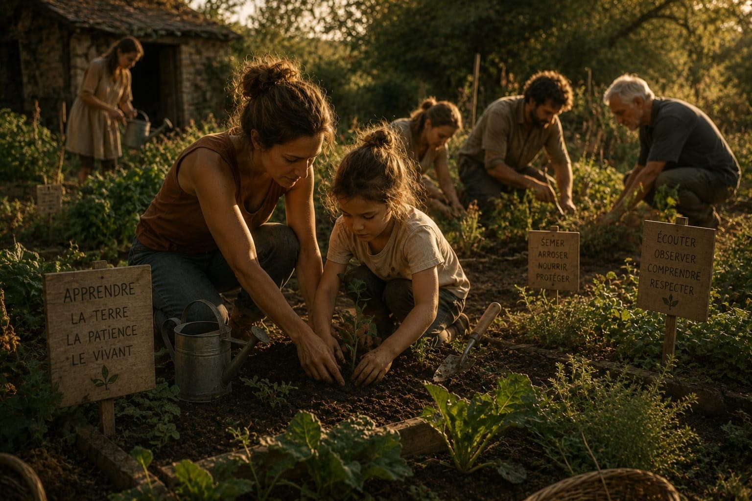 Apprentissage au jardin dans une Ferme FDLV : un enfant et un adulte penches ensemble sur une plantation, mains dans la terre fraiche, outils de jardinage simples poses a cote, atmosphere concentree et complice, lumiere douce de matinee.
