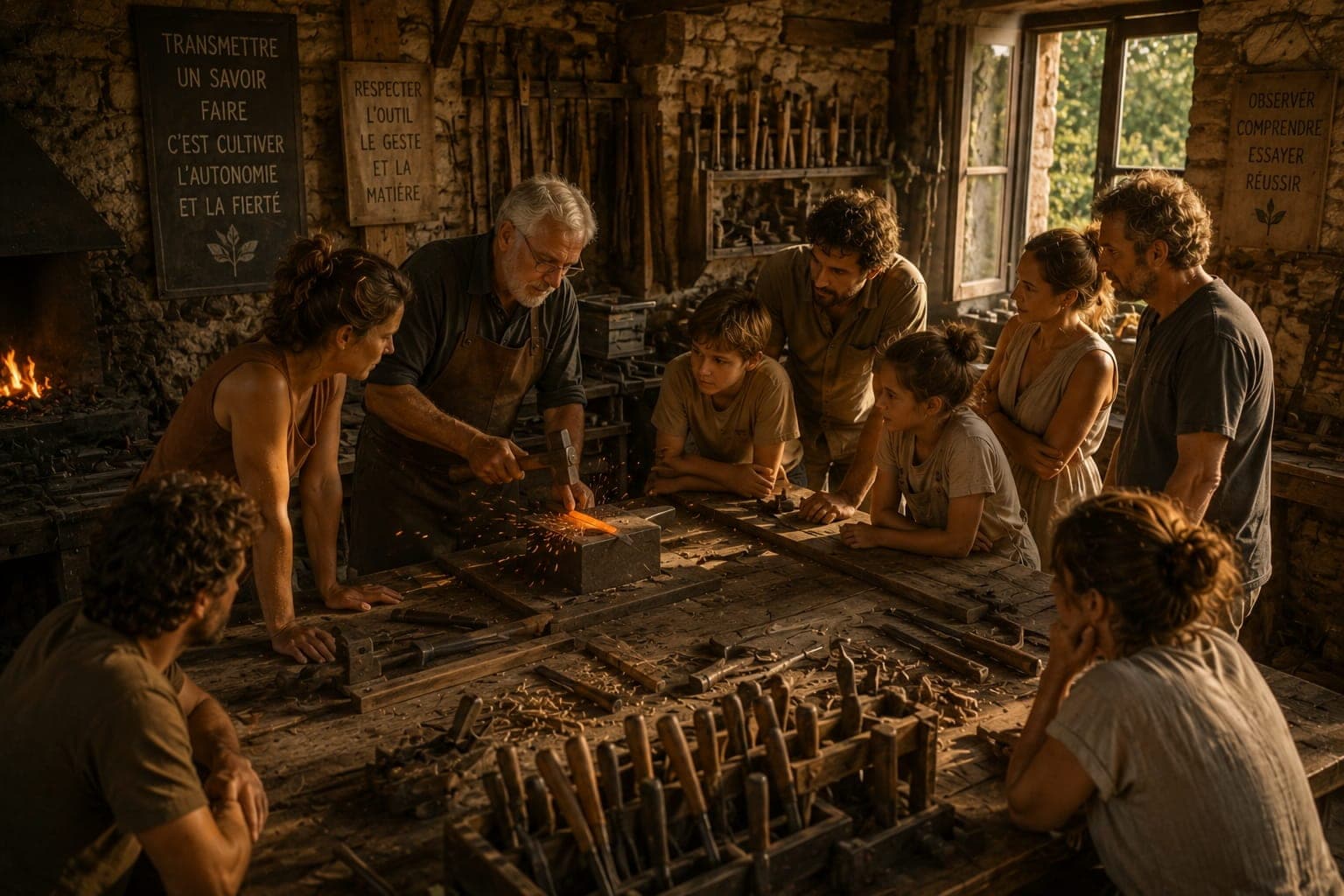 Atelier de forge ou de menuiserie dans une Ferme FDLV : un adolescent guide par un artisan plus age sur un etabli en bois, etincelles ou copeaux suggeres, outils alignes au mur en panneaux a silhouettes, lumiere chaude laterale.