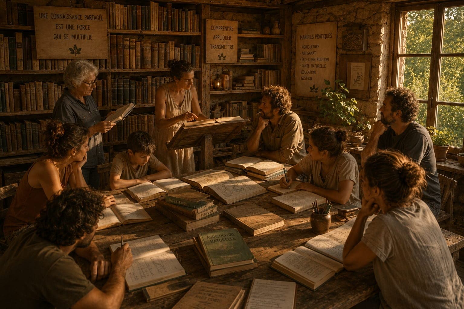 Bibliotheque pedagogique d'une Ferme FDLV : etageres de livres relies, manuels pratiques, cahiers ouverts sur une table en bois, lutrin en bois clair, lumiere chaude de fin de journee, atmosphere studieuse et paisible.