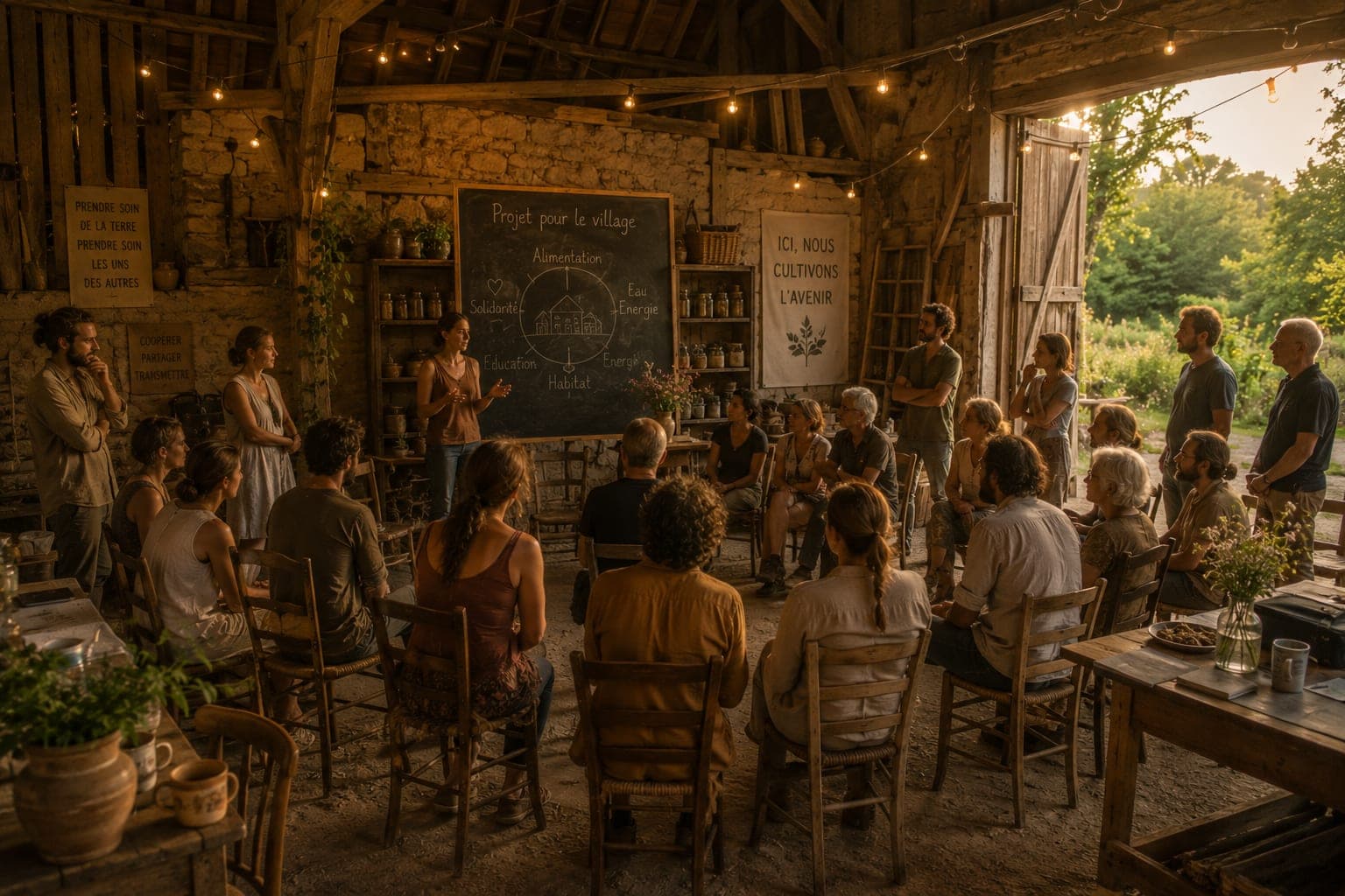 Assemblee villageoise en cercle dans une Ferme FDLV : cercle de chaises depareillees dans une grange amenagee, tableau noir avec schema de gouvernance, participants debout et assis, ambiance attentive et concentree, lumiere naturelle douce.