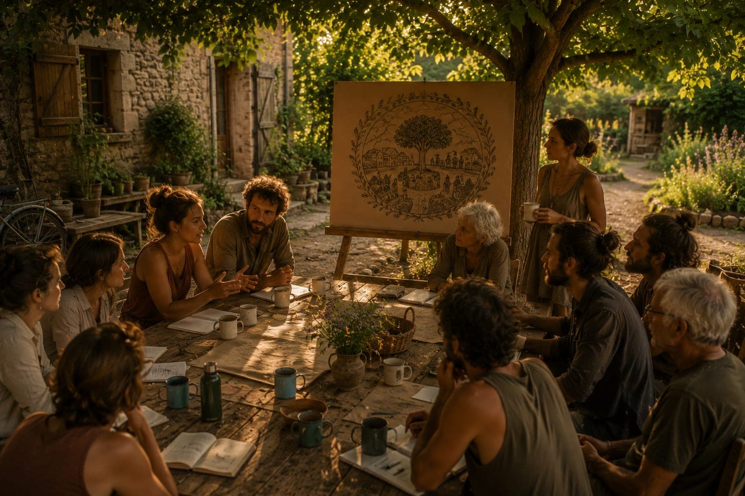 Atelier de prise de decision dans une Ferme FDLV : groupe en discussion autour d'une table en bois dehors, gobelets en email, papiers et carnets, ambiance attentive et coopérative, jardin et batiments en pierre en fond, fin de matinee.