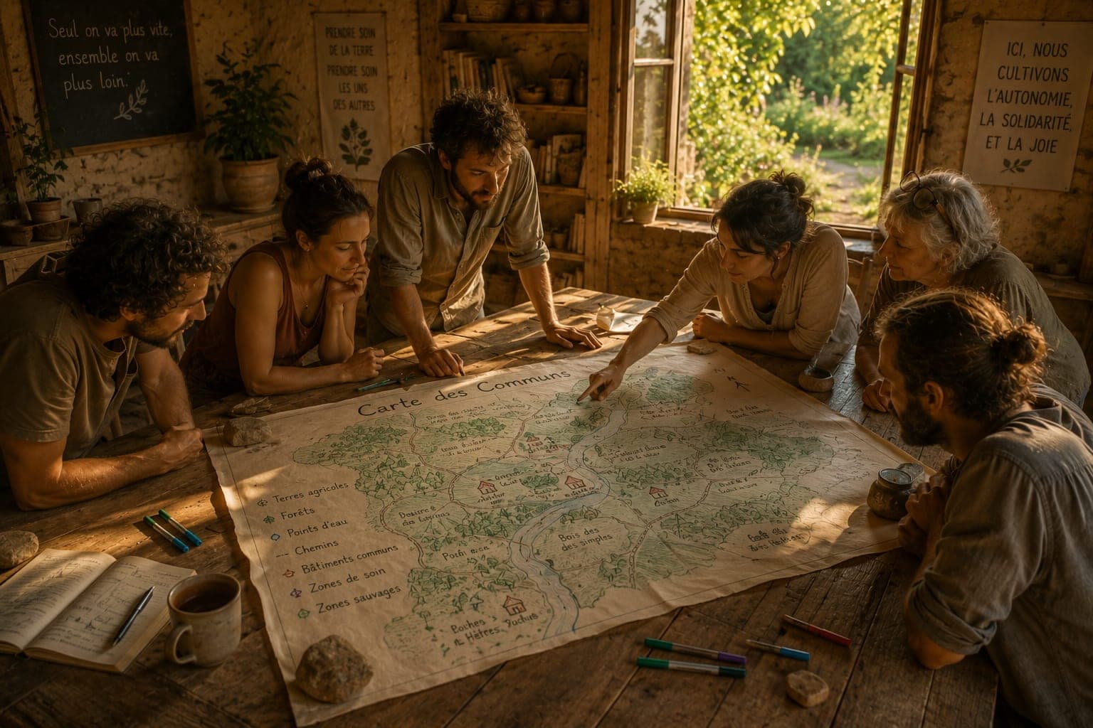Carte des communs etalee dans une Ferme FDLV : grande carte papier d'un territoire posee sur une table en bois, marqueurs colores, pierres pour caler les coins, mains de plusieurs personnes qui pointent et annotent les terres, l'eau et les chemins partages.