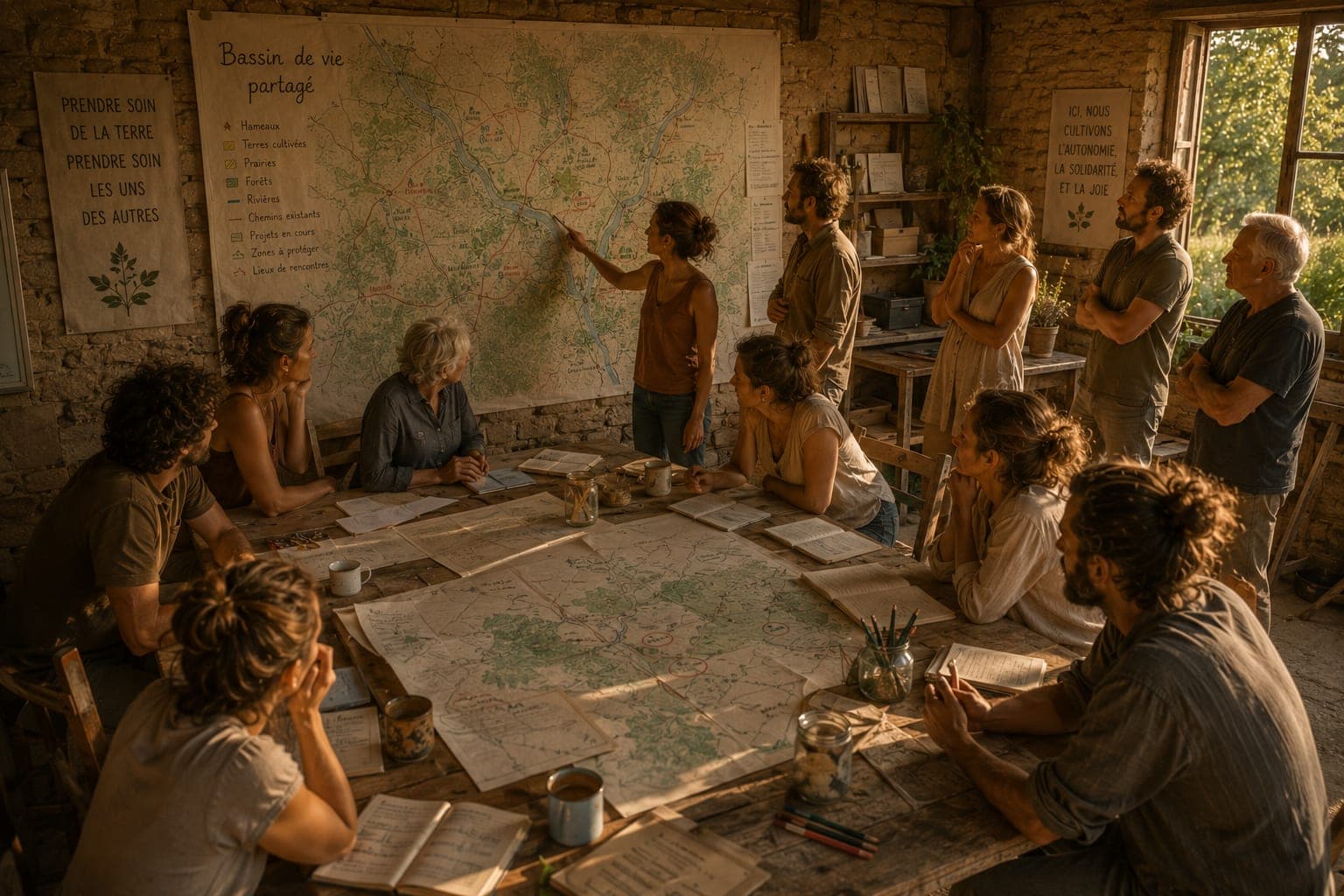 Atelier inter-villages dans une Ferme FDLV : groupe d'une dizaine de personnes echangeant autour d'une grande carte murale d'un territoire, plans accroches, marquages au crayon, carnets ouverts, ambiance cooperative et concentree.