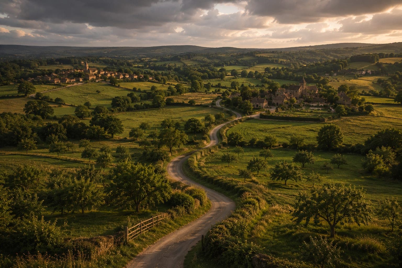 Reseau de hameaux relies dans un bassin de vie FDLV : route de campagne sinueuse reliant deux hameaux visibles au loin, haies bocageres, vergers anciens, ciel changeant en fin de journee, palette terreuse et vegetale.