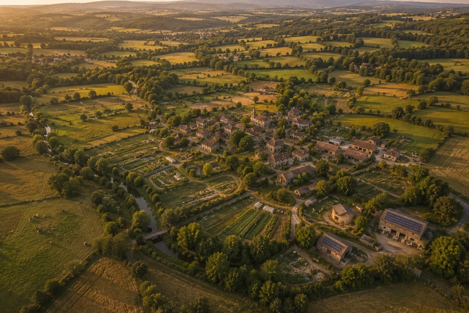 Vue aerienne d'un bassin de vie autour d'une Ferme FDLV : prise de vue en hauteur d'un territoire mosaique de bocage, cultures, ruisseaux, mares et hameau aux toits anciens, lumiere douce et doree de fin d'apres-midi.