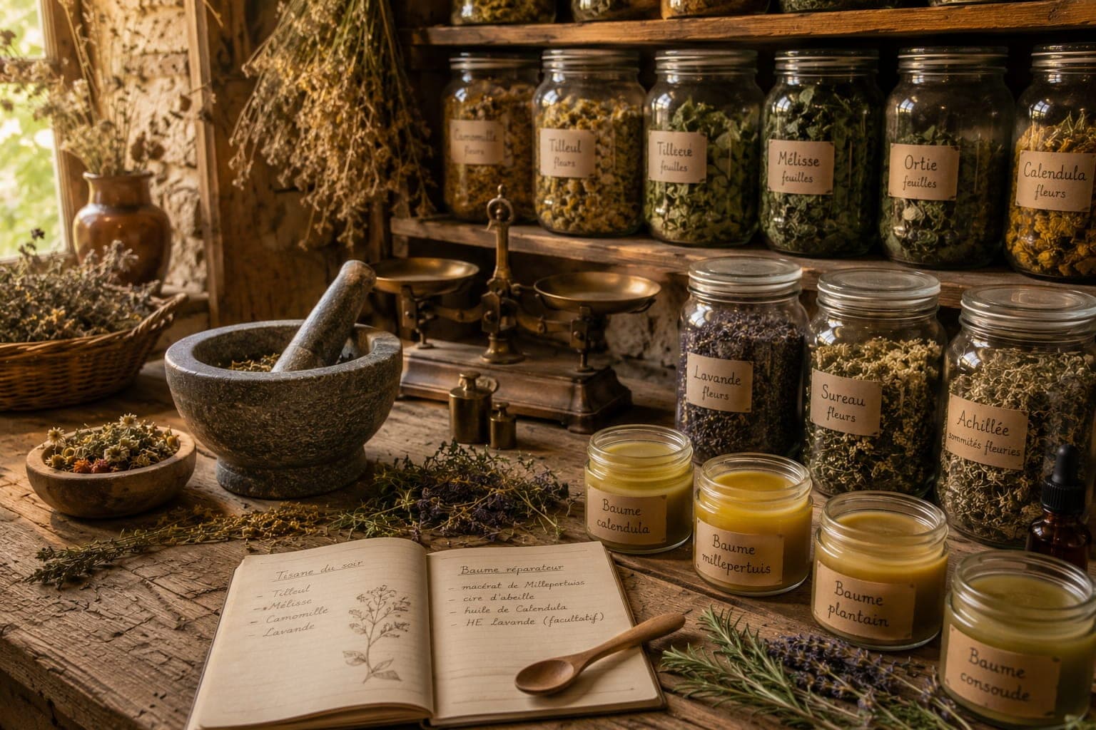 Atelier de tisanes et baumes dans une Ferme FDLV : table en bois clair avec mortier en pierre, bocaux de plantes sechees, balance ancienne en laiton et baumes en pots de verre alignes, lumiere douce d'apres-midi.