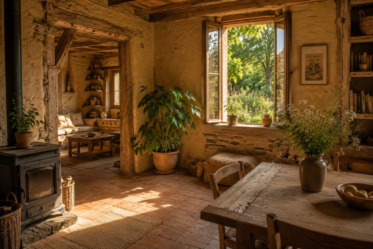 Habitat sain en terre et bois dans une Ferme FDLV : interieur lumineux d'une maison en pierre et terre crue, fenetre ouverte donnant sur un jardin, plante en pot, sol en tomettes anciennes, mobilier en bois clair.