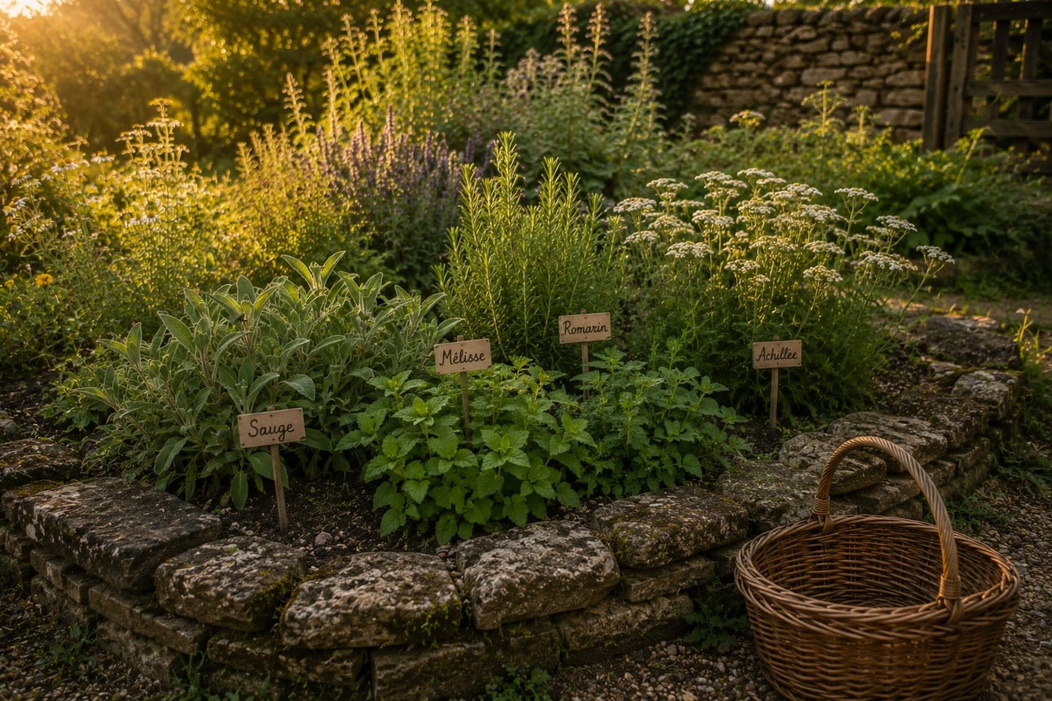 Jardin de plantes medicinales dans une Ferme FDLV : carre de simples borde de pierres avec sauge, melisse, romarin, achillee et thym, panier d'osier pose au sol, lumiere doree de fin de journee.