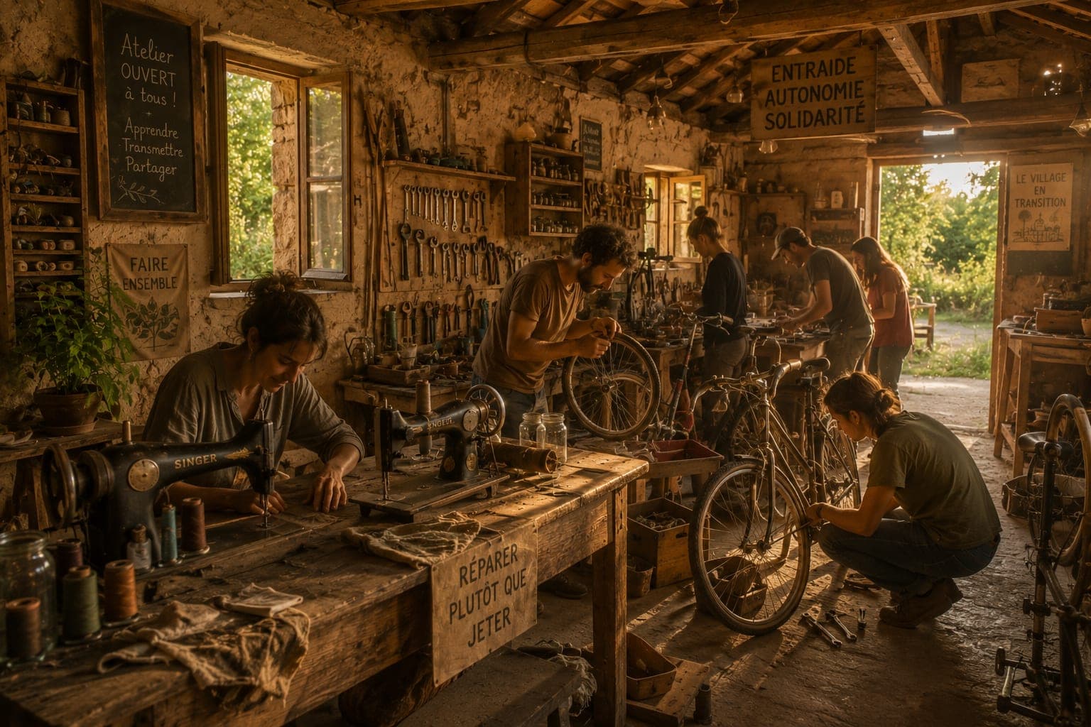 Atelier commun de reparation dans une Ferme FDLV : interieur d'un atelier village, machines a coudre anciennes, outils suspendus au mur en panneaux a silhouettes, velos en cours de remise en etat, etabli en bois clair, lumiere naturelle laterale.