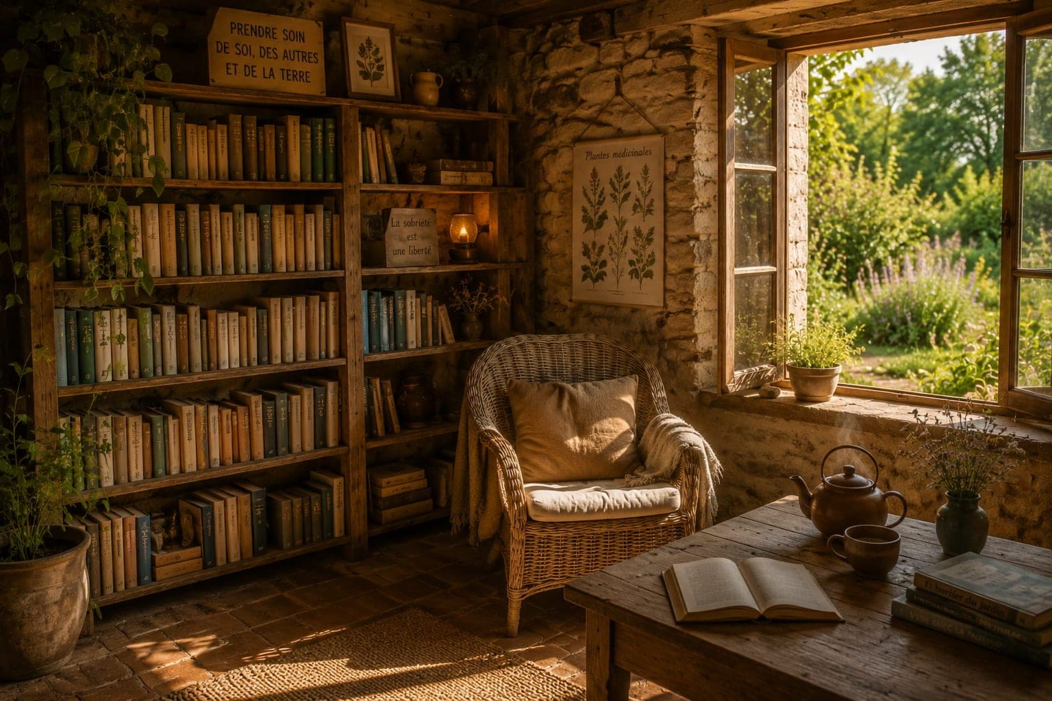 Bibliotheque et coin lecture dans une Ferme FDLV : haute bibliotheque en bois adossee a un mur en pierre, fauteuil d'osier, theiere fumante posee sur une petite table, livre ouvert, fenetre donnant sur le jardin, lumiere douce de fin d'apres-midi.