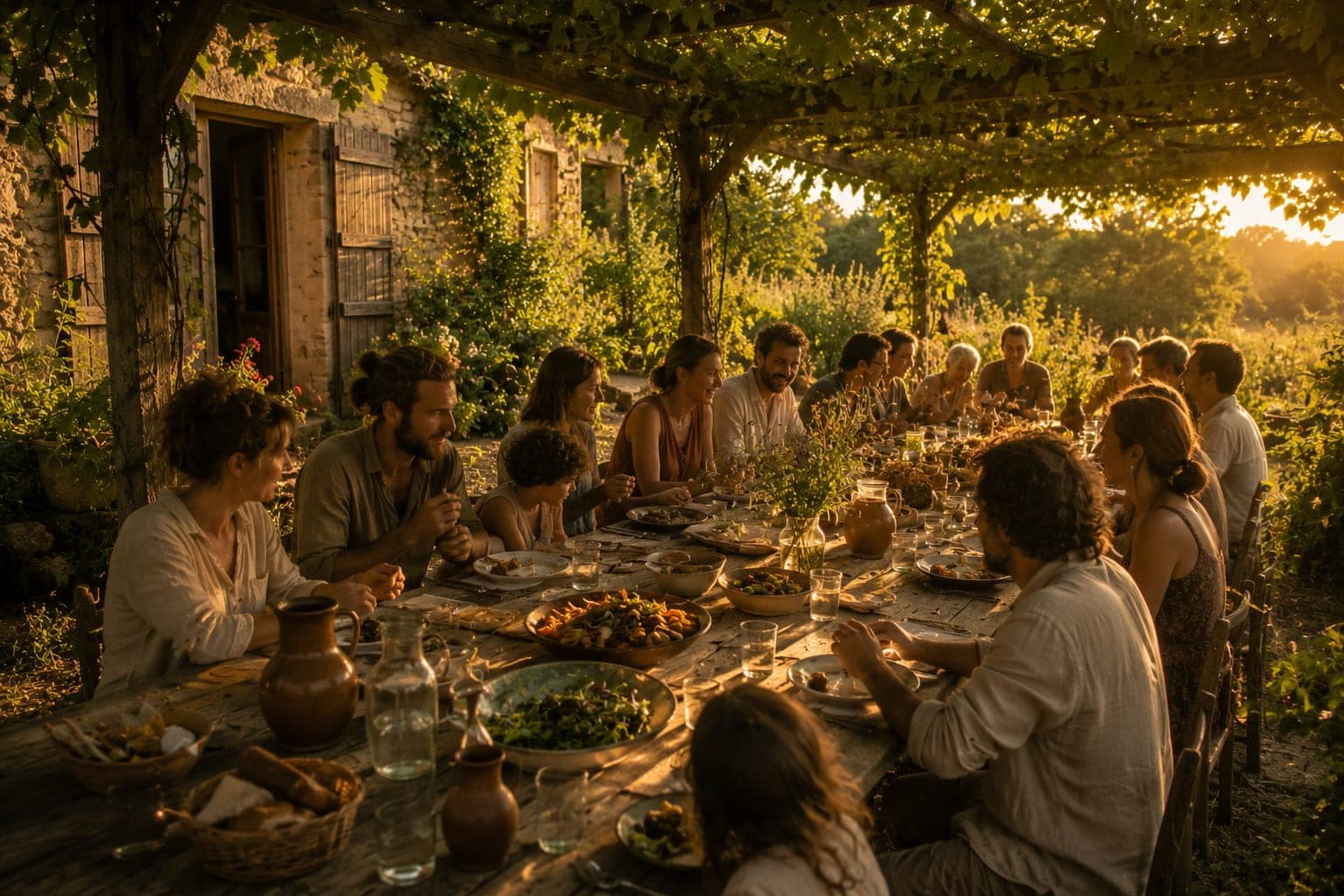 Repas collectif sous une pergola dans une Ferme FDLV : longue tablee exterieure sous une treille de vigne, plats simples partages, pichets d'eau, convives de tous ages, lumiere doree de fin de journee d'ete.