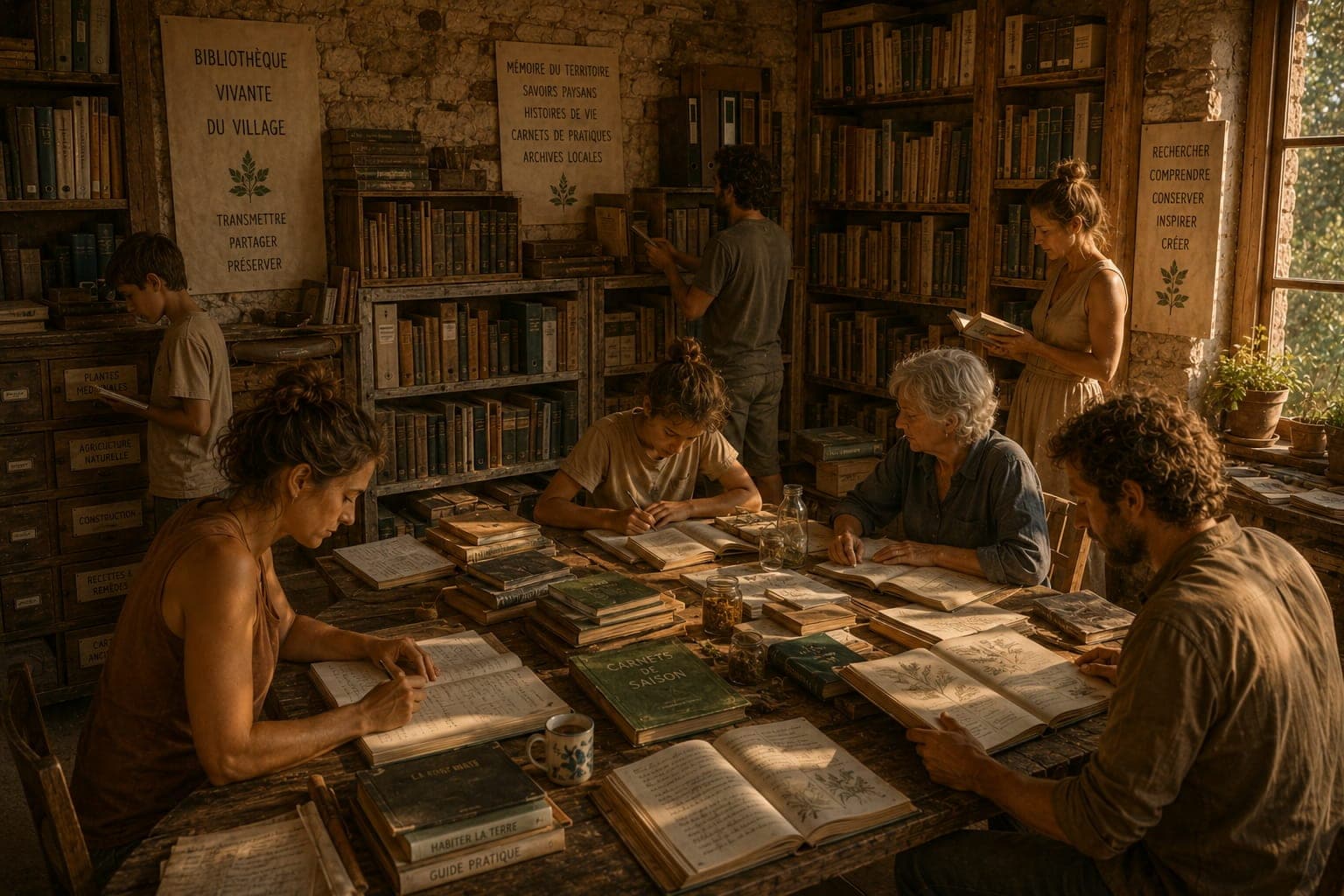 Bibliotheque vivante du village FDLV : piece remplie de livres relies, cahiers manuscrits et archives sur etageres en bois, table de consultation au centre, lumiere naturelle laterale, atmosphere studieuse et incarnee.