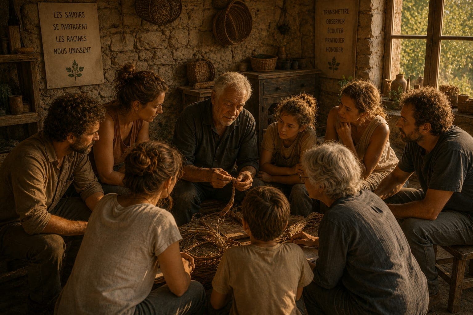 Cercle intergenerationnel autour d'un savoir dans une Ferme FDLV : un ancien explique un geste a plusieurs adultes et adolescents reunis en cercle, mains au centre, attention partagee, atelier en bois clair, lumiere naturelle douce.