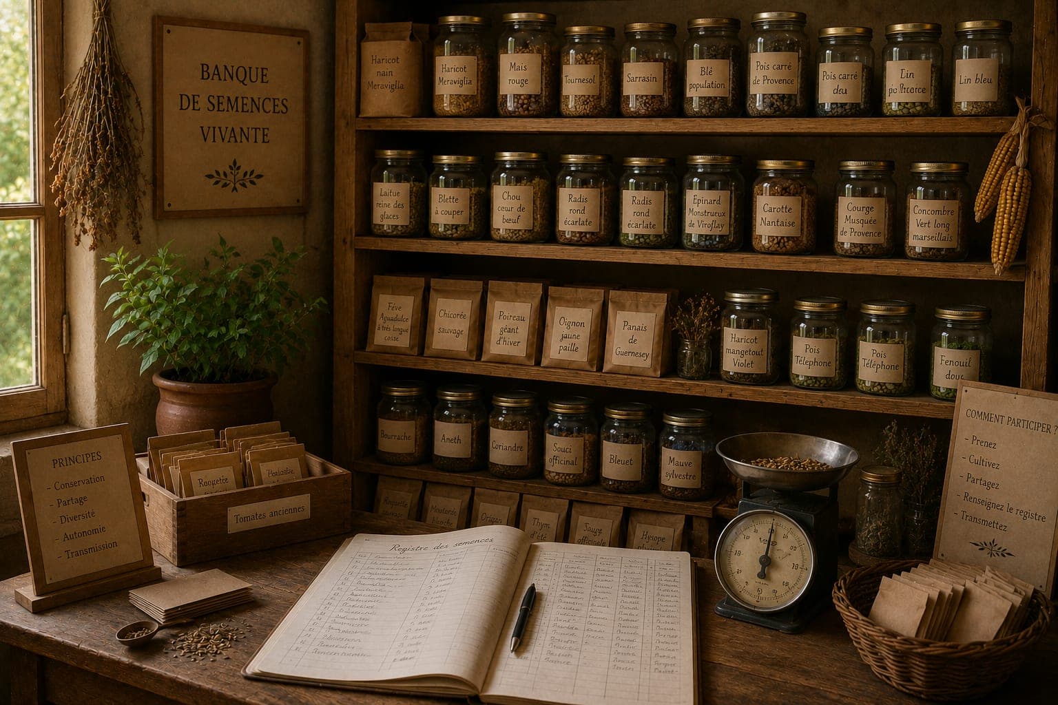 Banque de semences vivante dans une Ferme FDLV : etageres de bocaux et sachets etiquetes a la main, registre ouvert, balance, lumiere naturelle douce.