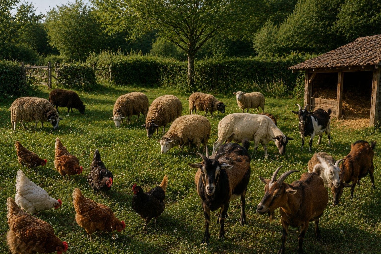 Elevage local de races anciennes dans une Ferme FDLV : poules, chevres ou moutons d'une race rustique dans un pre borde de haies, abri en bois, lumiere naturelle douce.