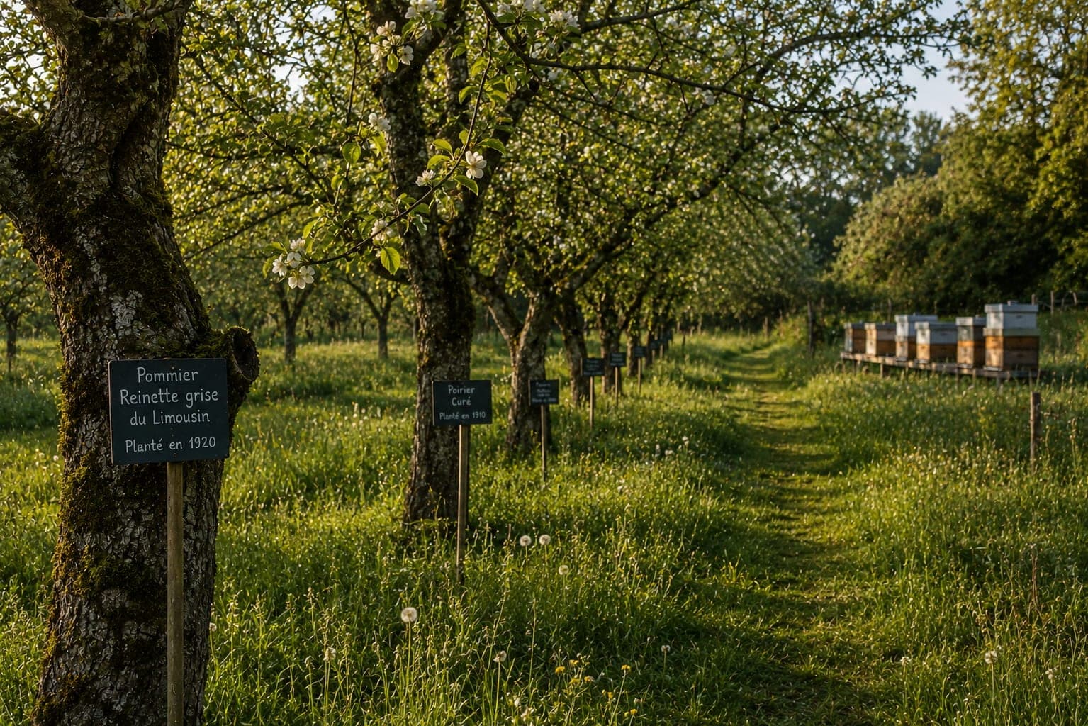 Verger conservatoire d'une Ferme FDLV : alignement d'arbres fruitiers anciens etiquetes, herbe haute, ruches en arriere-plan, lumiere doree de fin de journee.