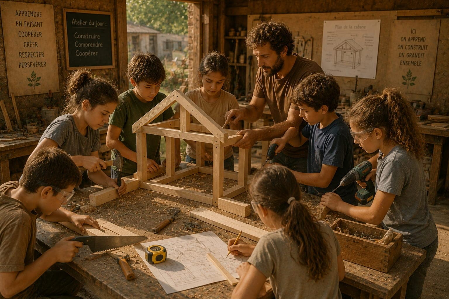 Atelier scolaire pratique dans une Ferme FDLV : eleves construisant une petite structure en bois, planches, outils securises, encadrement adulte attentif, lumiere naturelle douce.