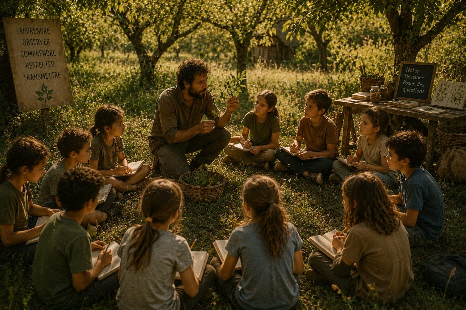 Classe en plein air dans une Ferme FDLV : groupe d'enfants assis en cercle dans un verger, adulte guide expliquant, carnets sur les genoux, lumiere naturelle douce.