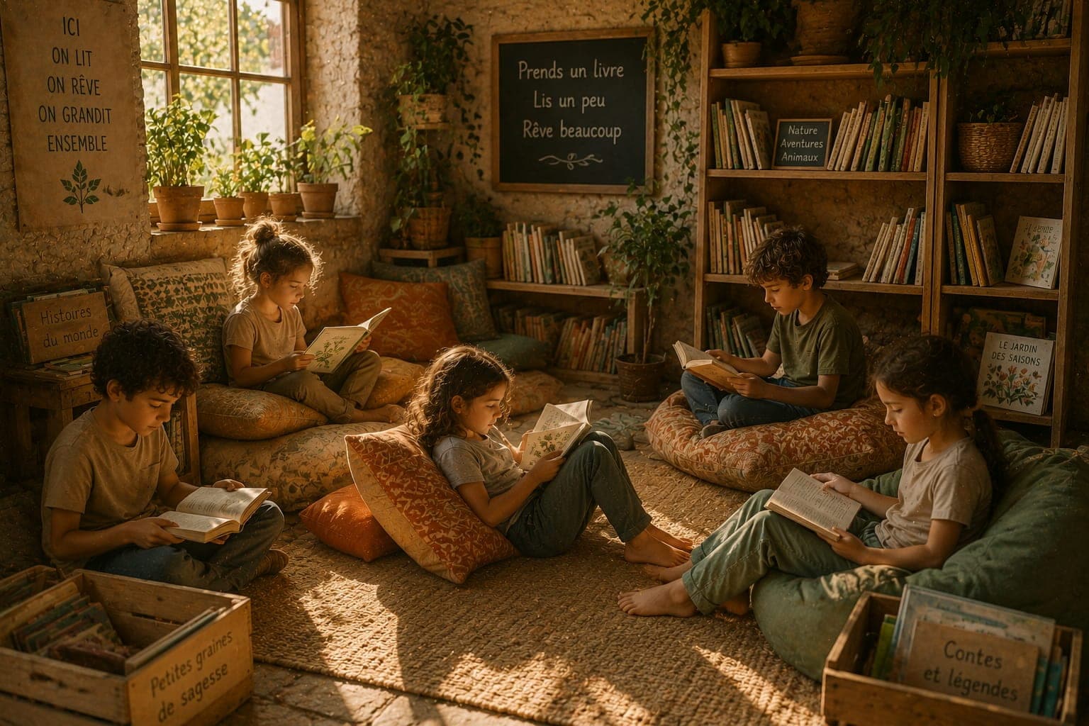 Coin lecture libre dans une ecole de Ferme FDLV : enfants lisant sur des coussins dans un coin lumineux, etageres de livres en bois clair, plante verte, lumiere naturelle douce.