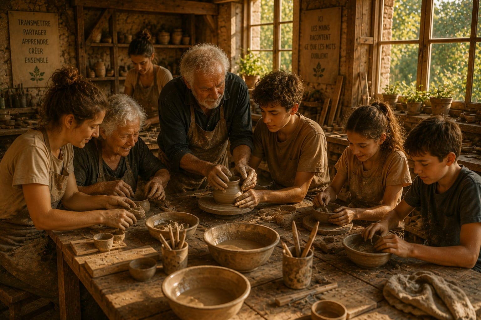 Atelier mixte dans une Ferme FDLV : adolescents et personnes agees travaillant ensemble sur un meme objet (tricot, charpente ou poterie), entraide visible, etabli en bois clair, lumiere naturelle douce.