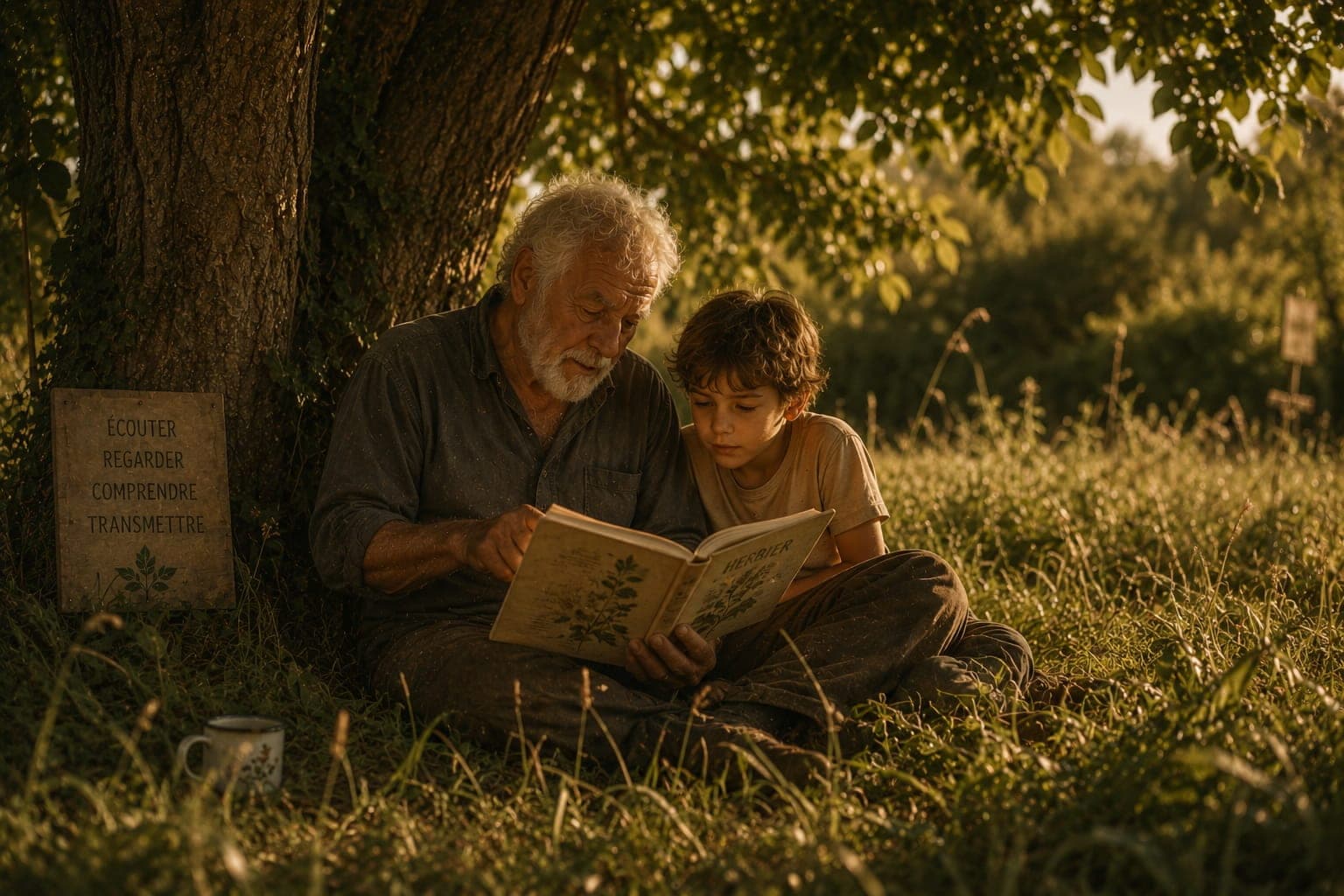 Lecture partagee dans une Ferme FDLV : un grand-parent lit a un enfant sous un arbre, herbe haute, livre ouvert sur les genoux, lumiere naturelle douce.