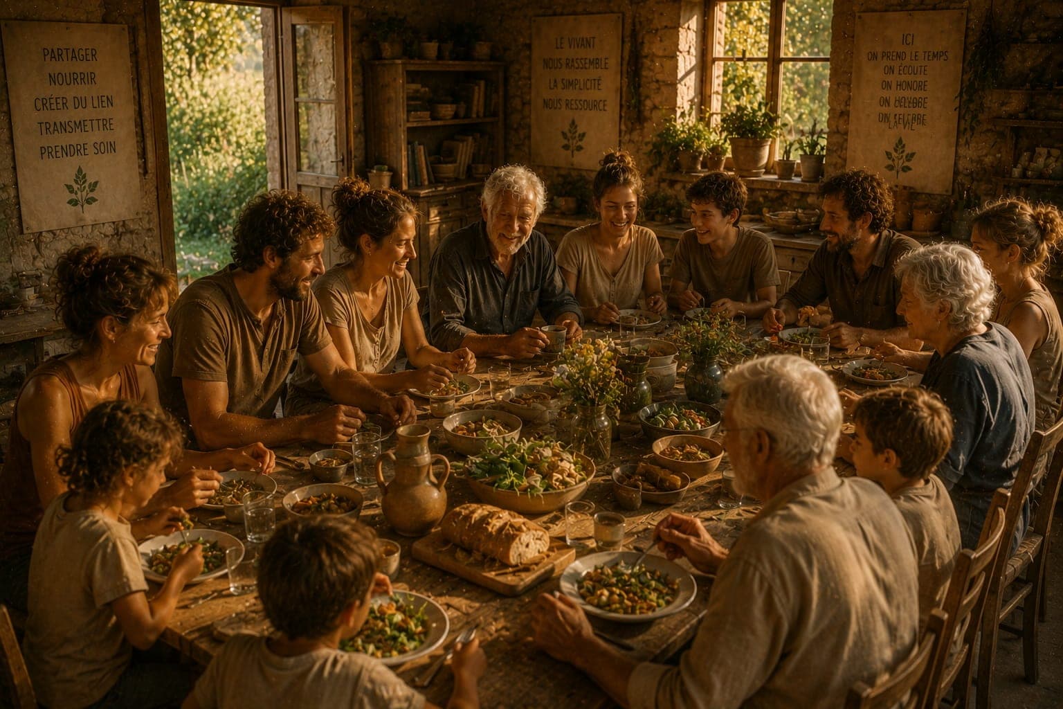 Repas multigenerationnel dans une Ferme FDLV : longue table avec enfants, parents et grands-parents, plats simples partages, echanges visibles, lumiere chaude de fin de journee.