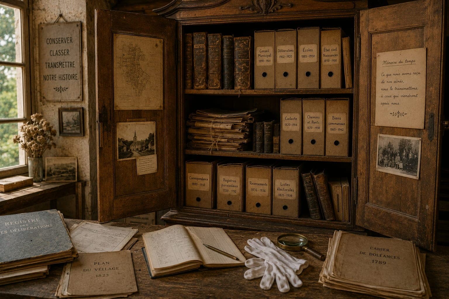 Archives d'une Ferme FDLV : armoire ancienne ouverte avec dossiers, cahiers relies, etiquettes manuscrites, gants de coton sur la table, lumiere naturelle douce.