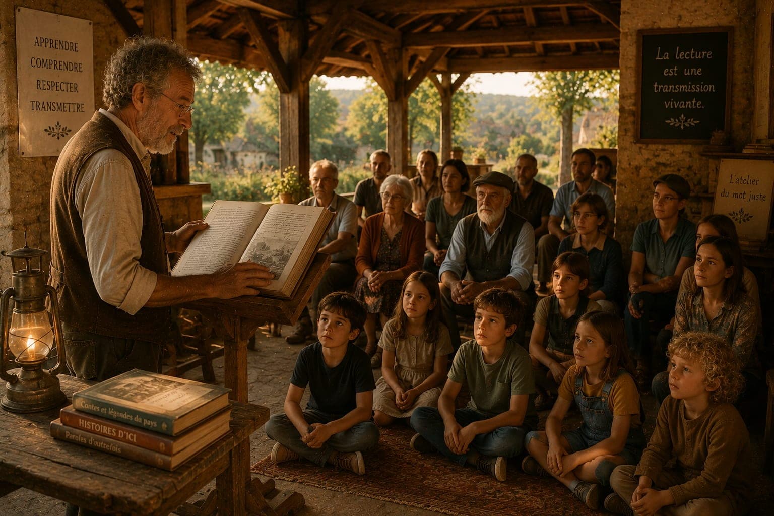 Lecture publique sous un preau d'une Ferme FDLV : groupe attentif ecoutant une lecture a voix haute, livre ouvert sur un pupitre en bois, lumiere douce.