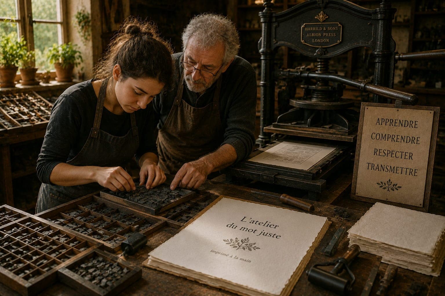 Reliure et impression artisanale dans une Ferme FDLV : presse a imprimer ancienne, casse d'imprimerie, mains placant des caracteres en plomb, papier epais, lumiere naturelle douce.