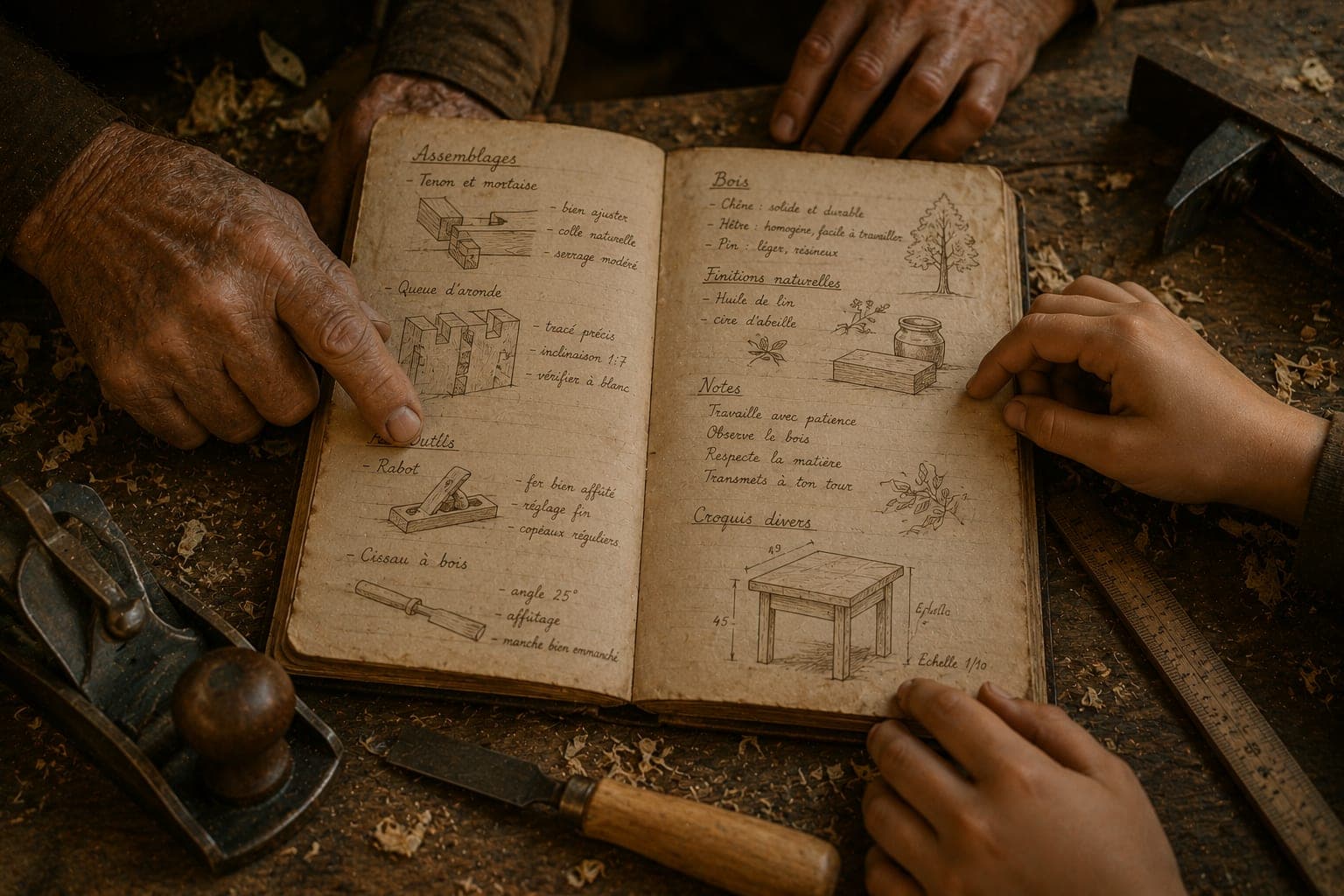 Carnet de transmission ouvert dans une Ferme FDLV : carnet manuscrit avec croquis et notes techniques, mains de deux generations differentes le consultant, table en bois clair, lumiere naturelle douce.