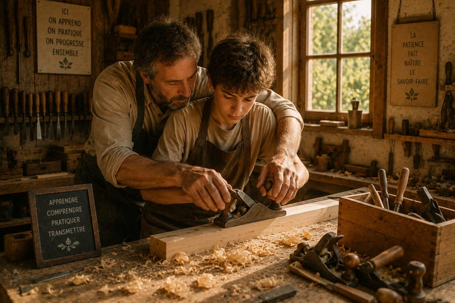 Compagnonnage en atelier dans une Ferme FDLV : un mentor adulte guide la main d'un apprenti sur un outil (rabot, ciseau ou plume), bois clair, copeaux au sol, lumiere naturelle douce.