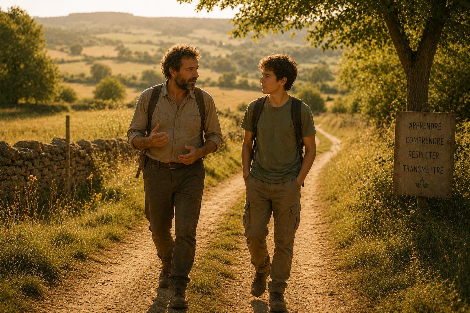 Marche-discussion dans une Ferme FDLV : un mentor et un mentore marchent cote a cote sur un chemin de campagne, paysage ouvert, haies et champs, lumiere naturelle douce.