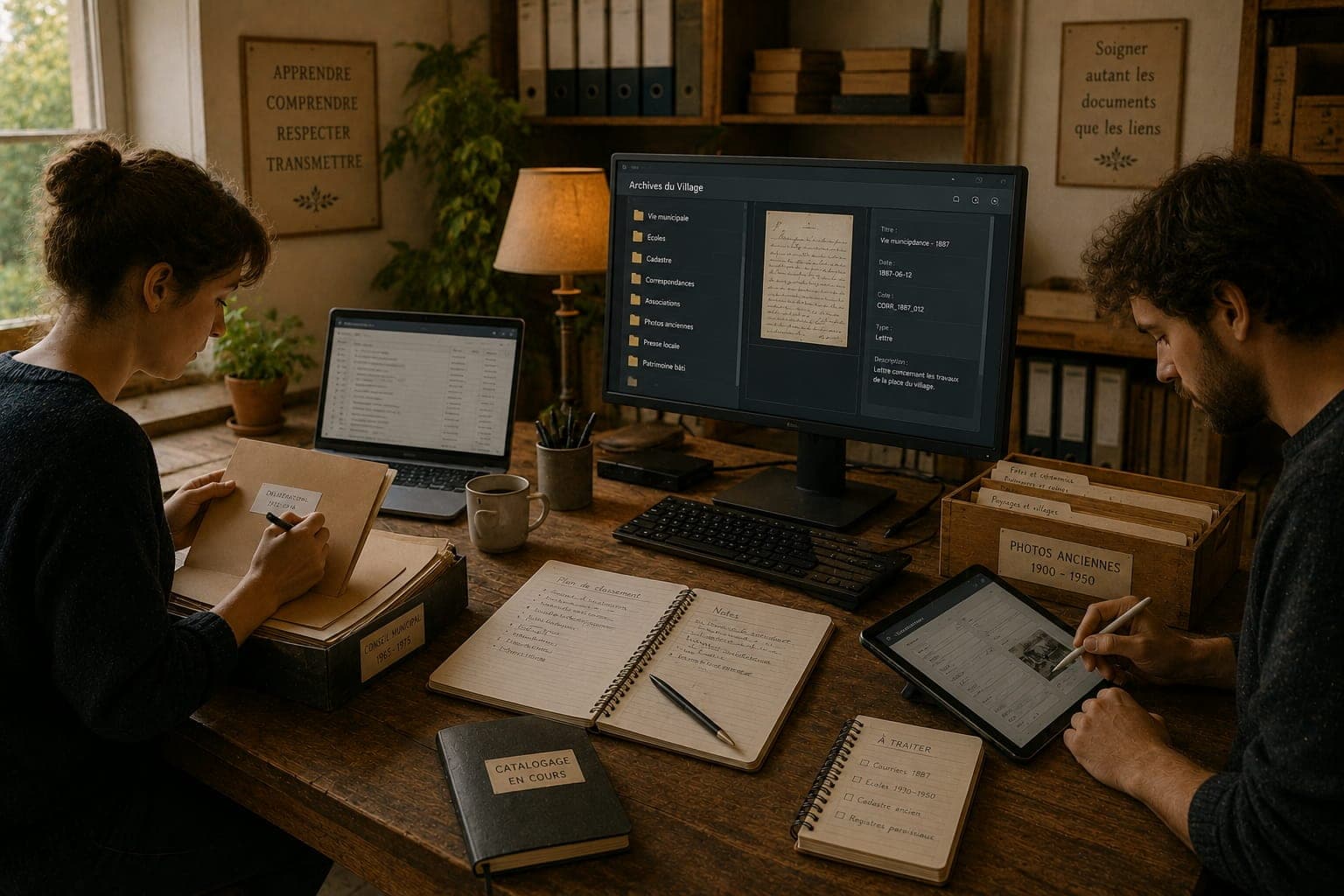 Atelier de catalogage dans une Ferme FDLV : deux personnes etiquetant et classant des dossiers numeriques et papier en parallele, ecrans et carnets visibles, lumiere naturelle douce.