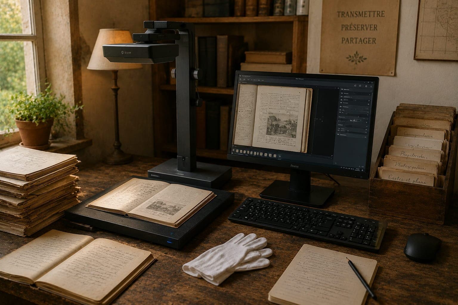 Poste de numerisation sobre dans une Ferme FDLV : scanner pose sur une table en bois, pile de documents anciens, ordinateur a ecran mat, ambiance calme, lumiere naturelle douce.