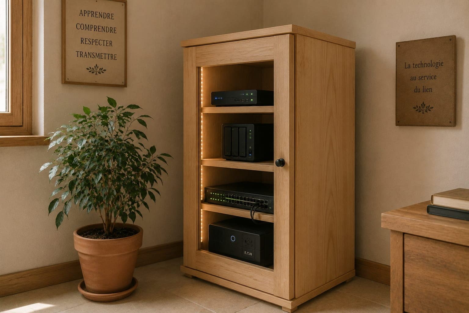 Serveur local discret dans une Ferme FDLV : petite armoire technique en bois clair, equipement minimal, lumiere LED douce, plante en pot a proximite, ambiance calme.