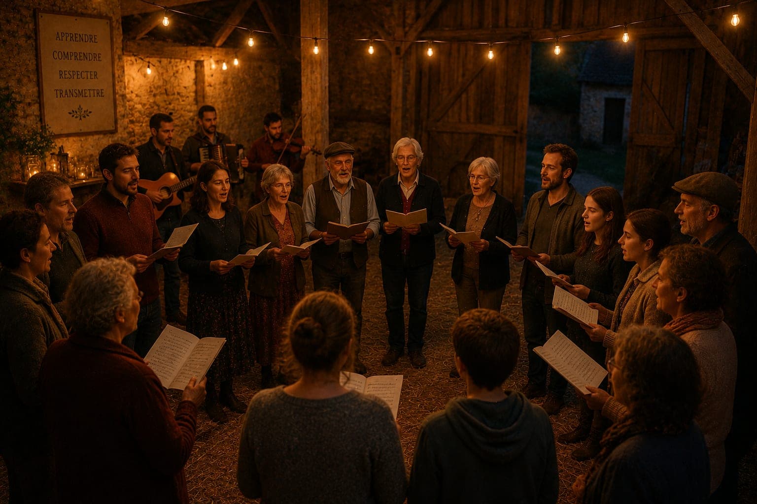 Cercle de chants dans une grange d'une Ferme FDLV : groupe debout en cercle, partitions ou carnets dans les mains, lumiere chaude, ambiance recueillie.